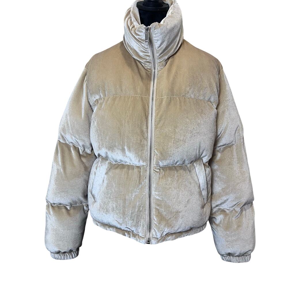 Women's TCEC Velvet Puffy Short Beige Jacket Size L - Picture 2 of 10